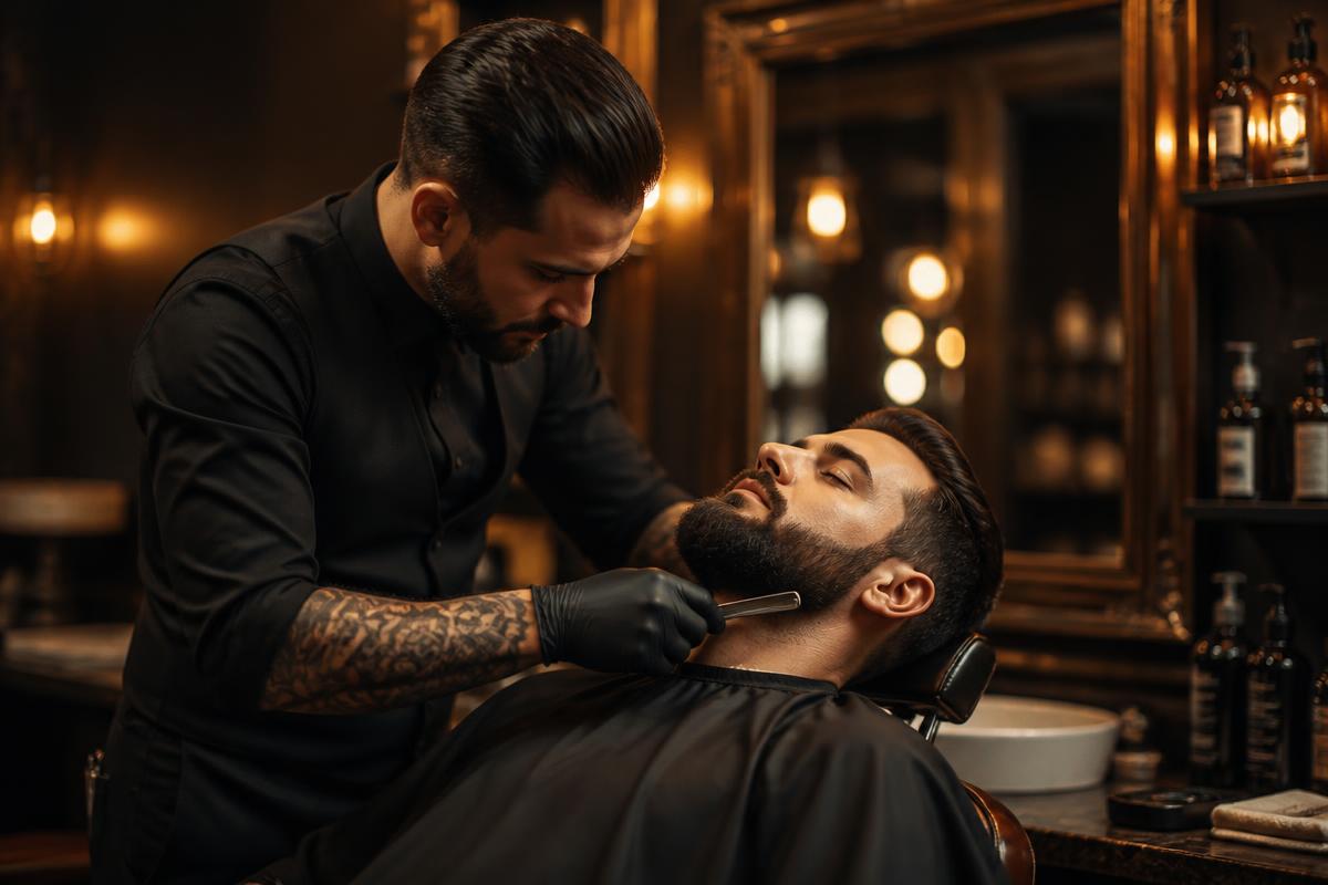 Barber giving a straight razor shave at Blades Up Barber Lounge